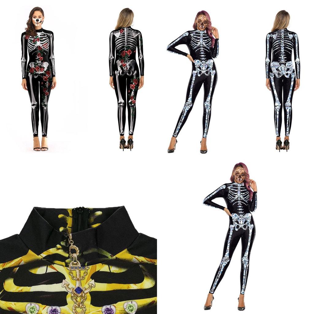 Fashionable Skeleton Jumpsuit For Women With Long Sleeves And Zipper Design