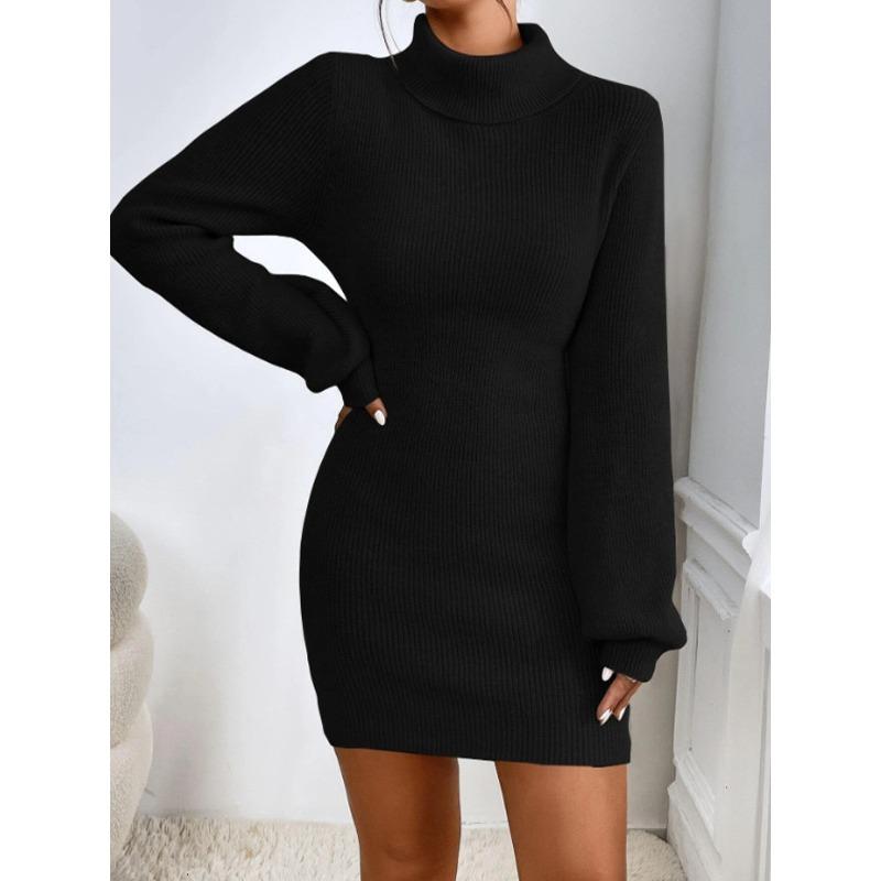 Autumn Winter Casual Slim Mini Dress Fashion Long Sleeve Elasticity Sweater Dresses Turtleneck Solid Hip-wrapped Knitted Dress