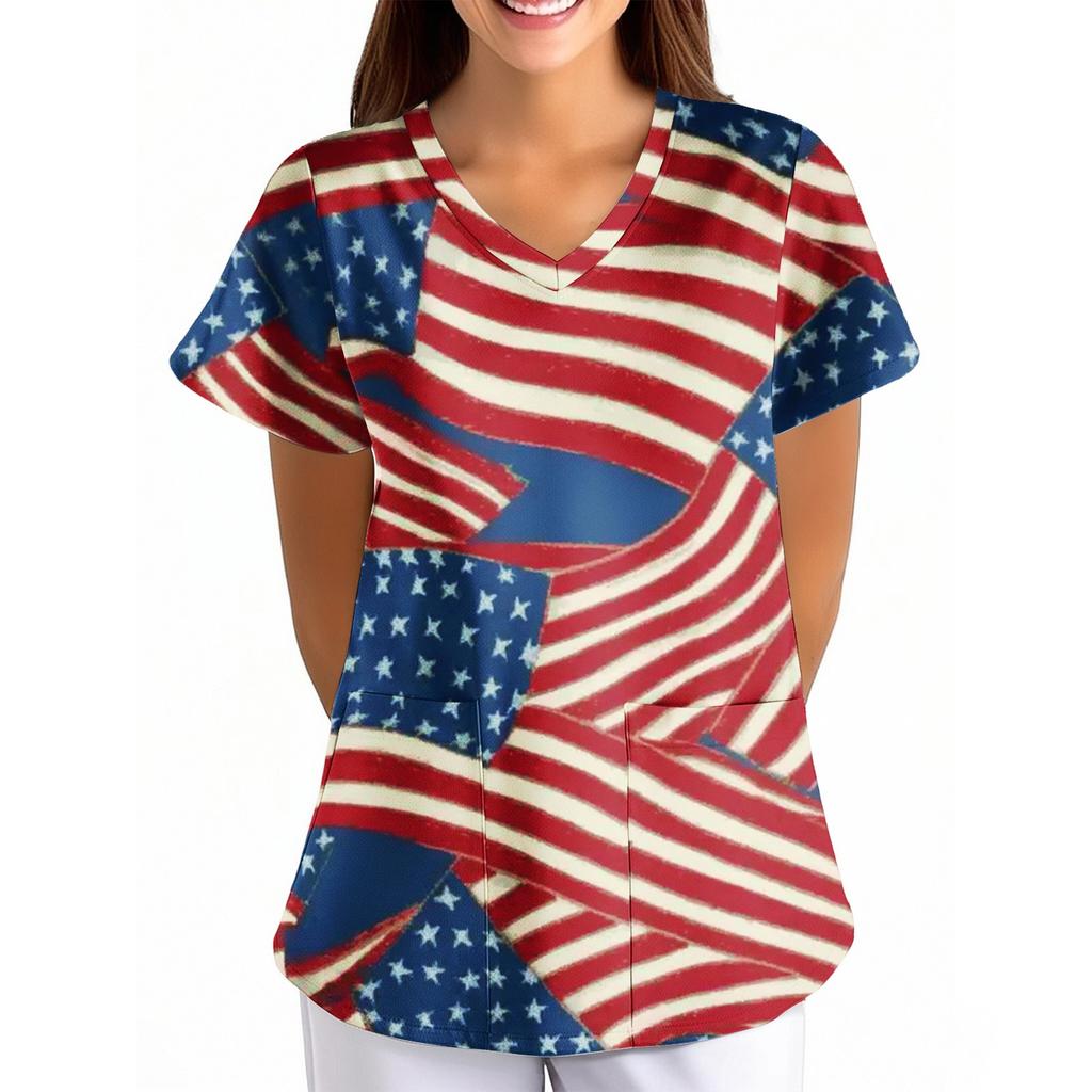 Women's Independence Day Printed Loose V-Neck Pocket Short-Sleeve Caregiver/Uniform