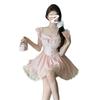 French Pink Lace Neck Sling Dress Women's Summer Halter Bow Waist Unique Beautiful Small Skirt
