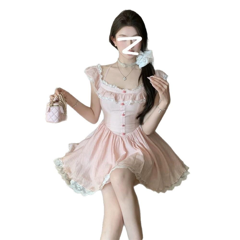 French Pink Lace Neck Sling Dress Women's Summer Halter Bow Waist Unique Beautiful Small Skirt