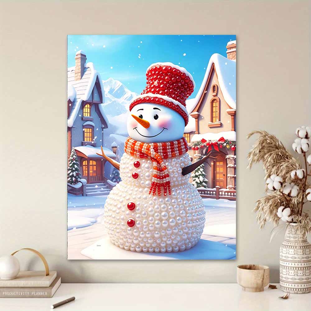 Perlenmalerei DIY-Set Winter-Schneemann Rahmenlos Handgemacht Perlen Leinwandkunst Kreatives Freizeit-Bastelset für Schlafzimmer Wohnzimmer Dekoration