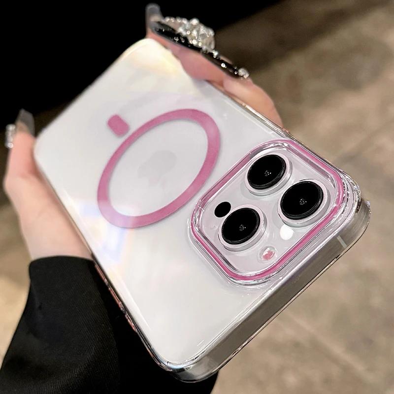For Magsafe Phone Case For iPhone 17 16 15 14 13 Pro Max Plus 16e 17 Air Metal Buttons Transparent Clear PC Hard Cover