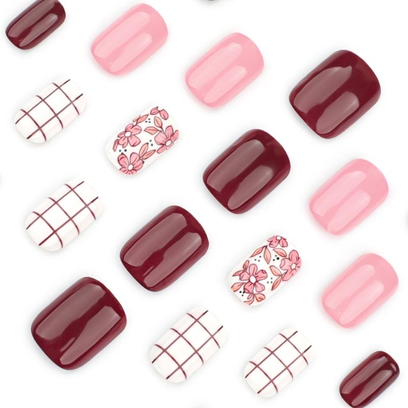 24 Stück Kurze Quadratische Falsche Nägel Blumen Künstliche Nägel Glänzend Aufkleben Nägel Gestreiftes Gitter Aufdrücknägel für Frau