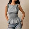 Women Sleeveless Plaid Vintage Checkered Slim Fit Shirred Waist Peplum Top with Tie Shoulder Straps Casual Blouse