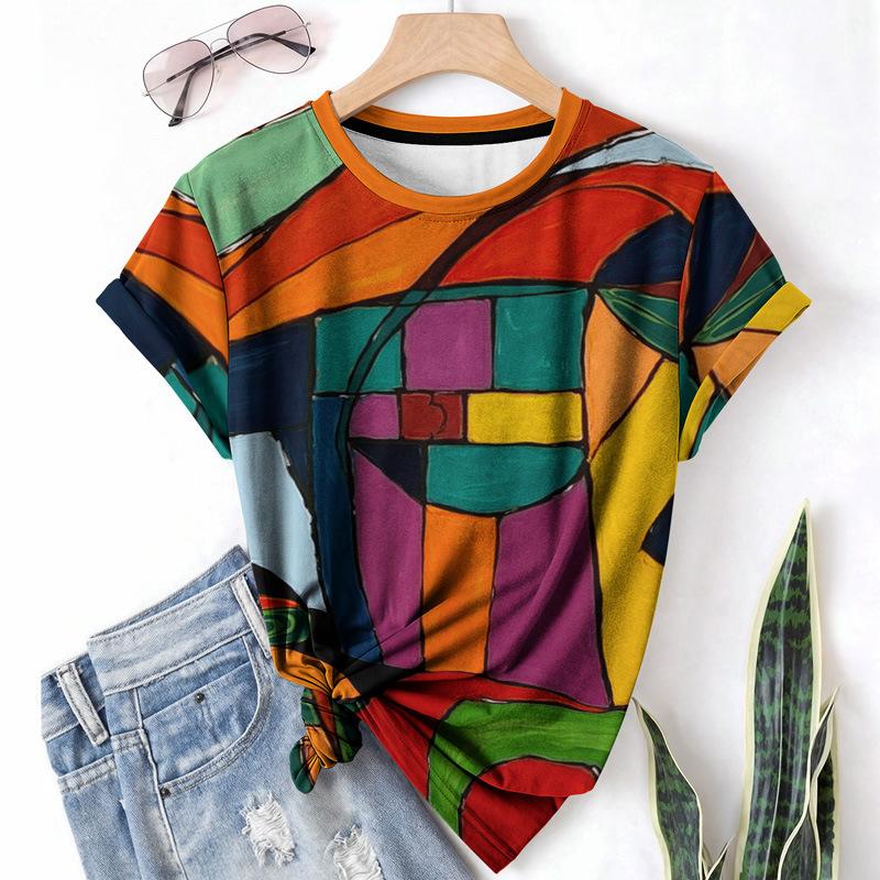 T-shirt da donna estiva a girocollo a maniche corte con motivo astratto stampato in 3D, artistica, leggera, casual e alla moda