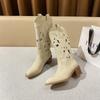 Embroidered Western Cowboy Boots Coarse Heel V Mouth Hole Knight Boots Vintage Size Breathable Women's Boots - Fat