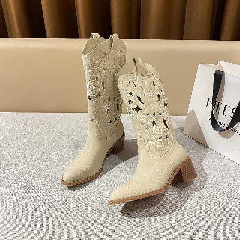 

Вышитые ковбойские сапоги в западном стиле толстый каблук V-образный вырез рыцарские сапоги ретро размер дышащие женские сапоги 41-43 для полных мм 43