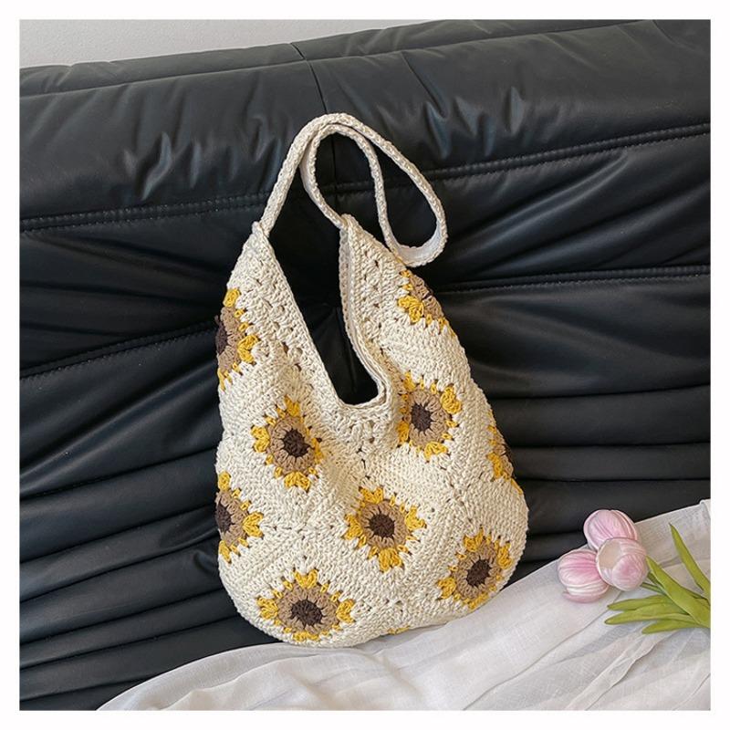 Handmade crochet cotton thread grandmother grid hollow flower woven women's bag straw woven beach shoulder bag