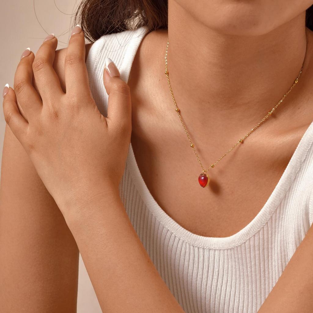 Vnox  Red Heart-shaped Pendant Necklace For Women Luxury High Quality Stainless Steel Bead Chain Collar Charms Jewelry Gift