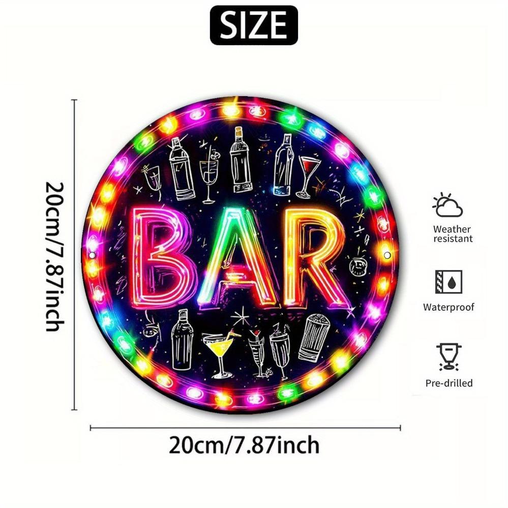 Mfoever Tin Sign Vintage Neon Effect BAR Cocktail Wine Bottle Themed Round Metal Tin Sign Retro Pub Man Cave Wall Decor Art Plaque