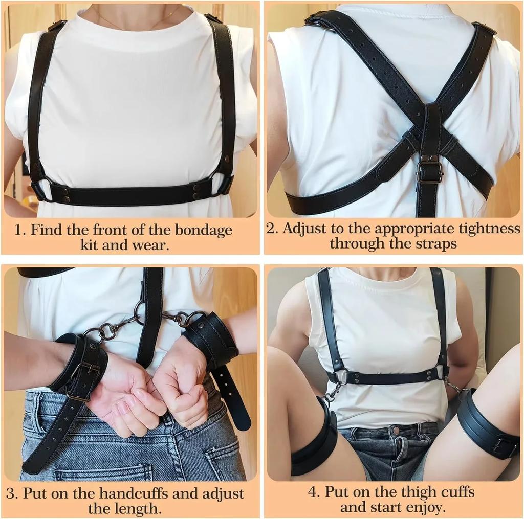 NEW  Sex Bondage Restraints Kit 3 in 1 Leather Thigh Sling Breasts Belt Behind Back Handcuffs Open Legs SM Slave Fetish