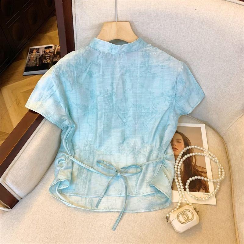 Blue jacquard short-sleeved shirt women's summer new temperament retro buckle retro top thin