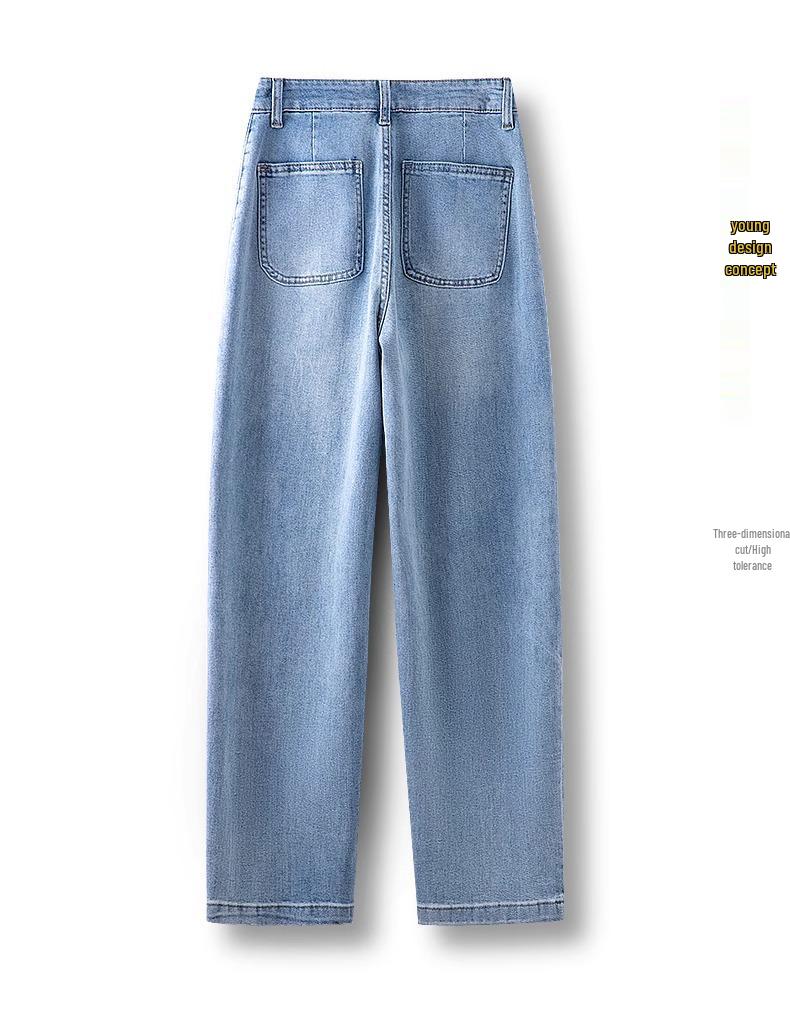 Women's Washed Blue Wide-Leg Jeans - 2025 Spring/Autumn Trendy Scimitar-Cut Loose Slimming Banana Pants