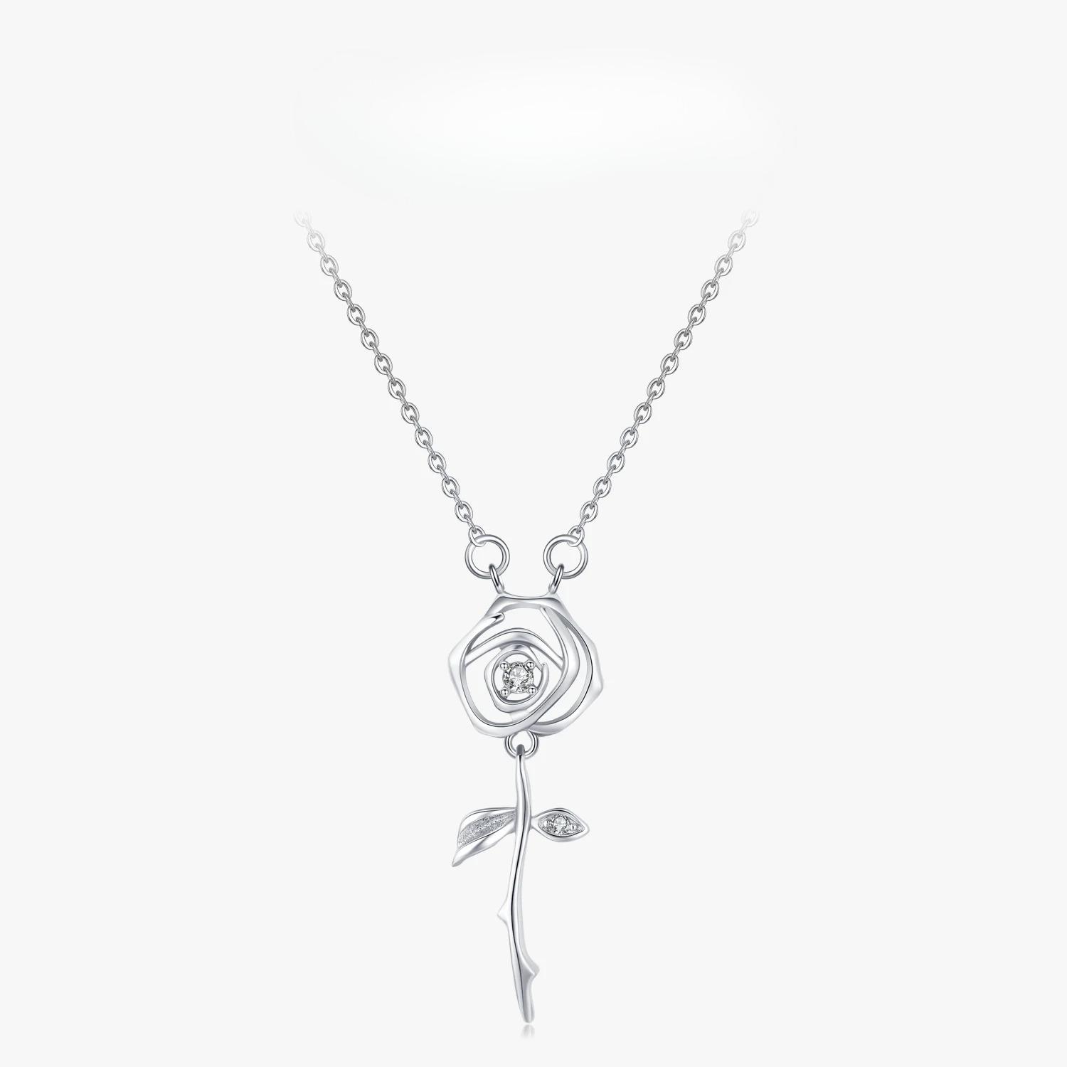 

Ailmay Fashion 925 Sterling Silver Charm Rose Flower Pendant Clear Zircon Necklace for Women Romantic Wedding Jewelry