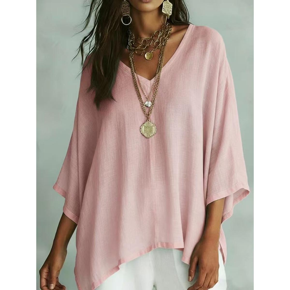 

New Summer Women s Solid Color V-neck Flowy Bat Sleeve Top T-shirt for European & American Cross-border Fashion 3XL