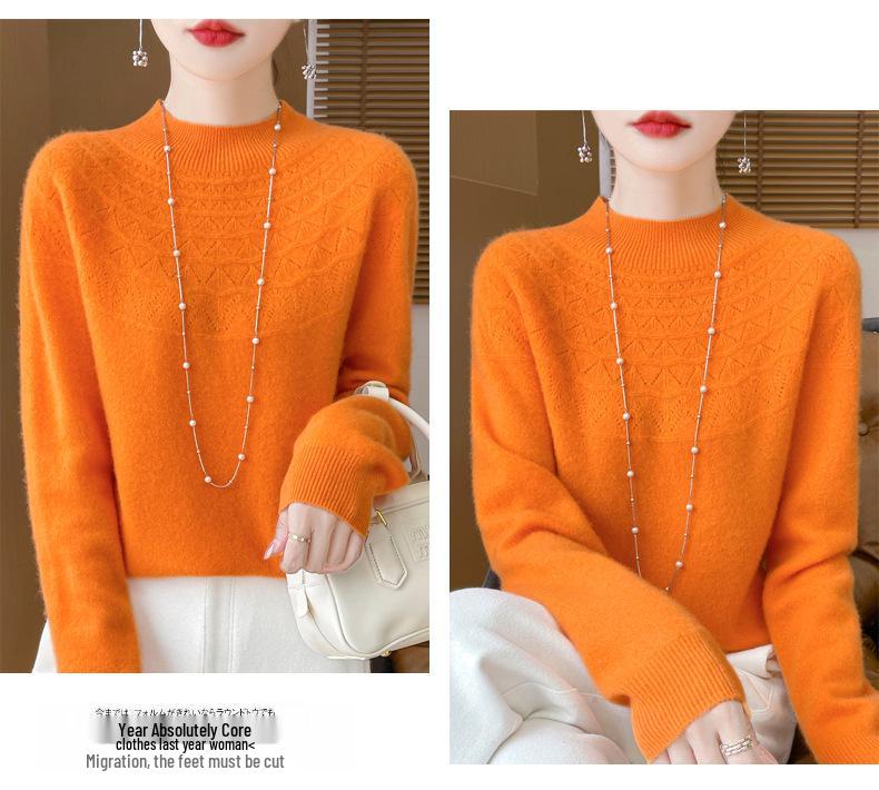 2025 Autumn/Winter Women's Half-High Collar Hollow Design Pure Wool Seamless Sweater Pullover