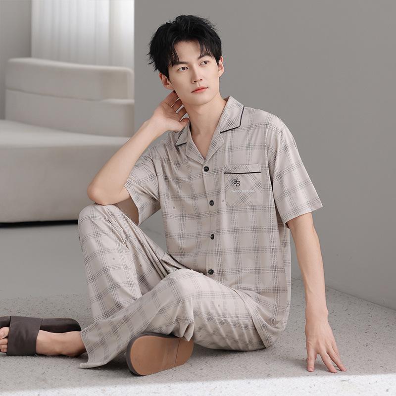Modal men's pajamas summer thin short-sleeved trousers cold silk cool casual large size dad loungewear set
