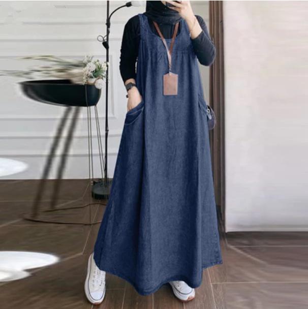 Moda Mujer Sin Mangas Casual Holgado Vestido de Verano Sarafans Abaya Vestido Vaquero Azul Mono Musulmán Vestido