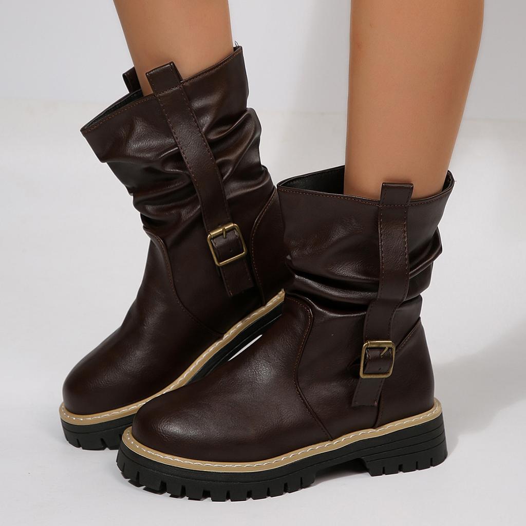 Damskie botki na szeroką stopę z okrągłym noskiem na słupku - marszczone botki slouch z klamrą na jesień/zimę, retro brytyjski styl, botki na masywnym obcasie