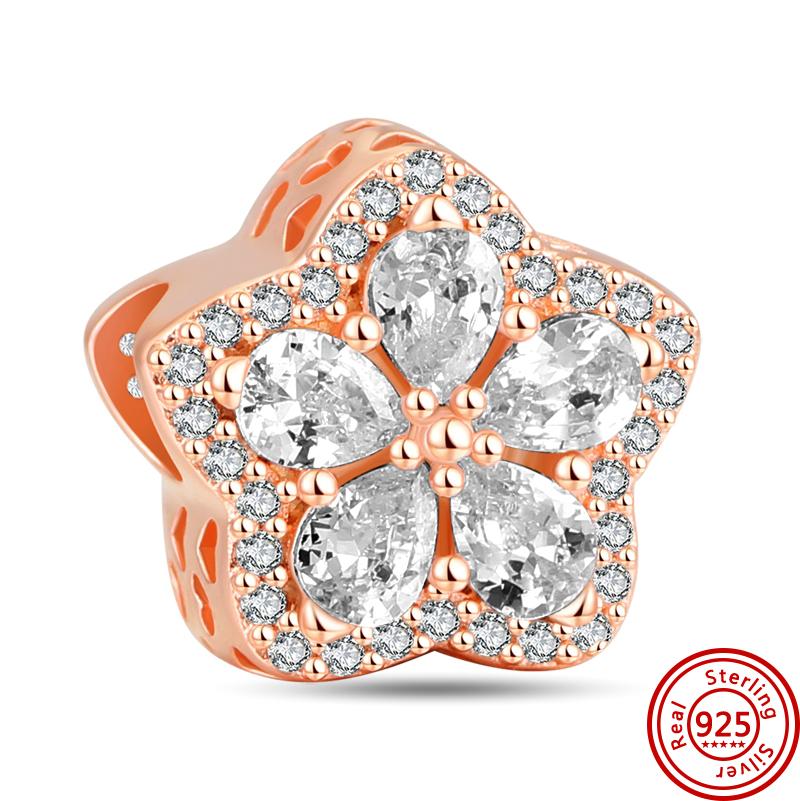 Cuentas huecas de plata de ley S925 con forma de flor, pluma, estrella, gato, corazón, oro rosa, aptas para pulseras originales, joyería