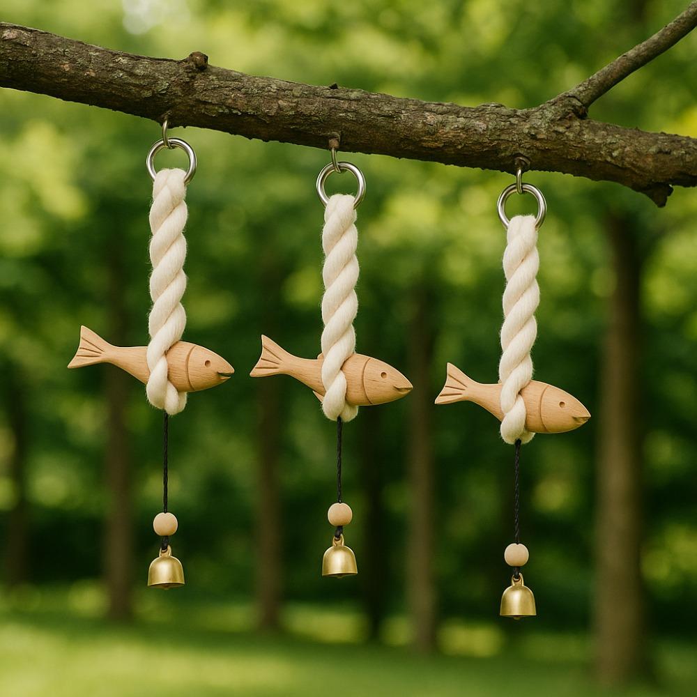 Marine Beach Themed Wood Fish Sculpture Hand Carved with Bell Fish Door Chimes Handcrafted Rustic Nautical Pendant Ornament
