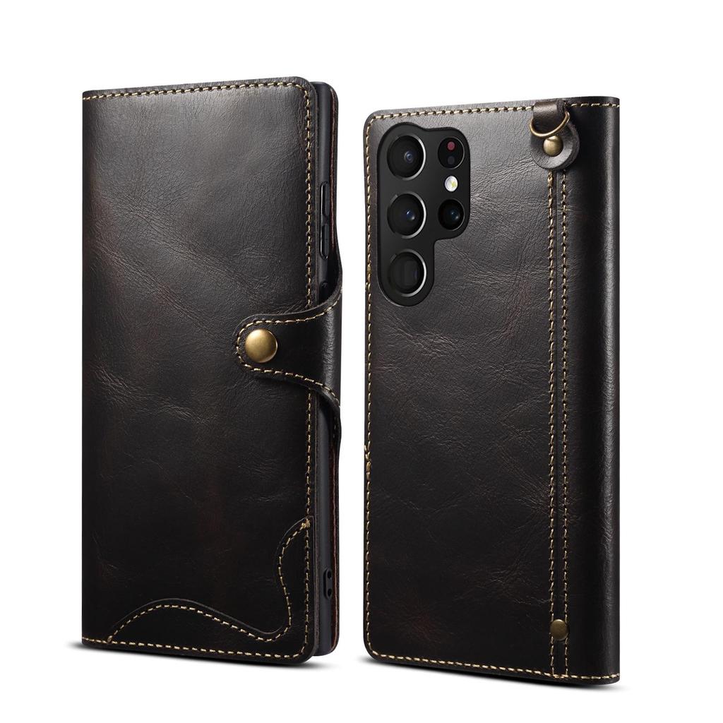 Samsung S26 Retro Genuine Leather Phone Case with Card Slot & Lanyard for S25 Ultra/S24+ Flip Cover