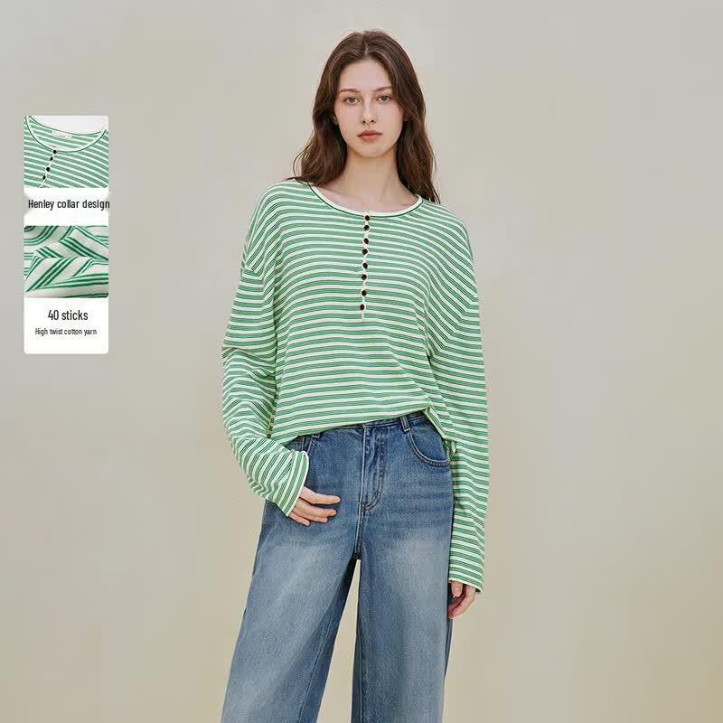 INMAN Women s 100% Cotton Striped Henley Knit Top S