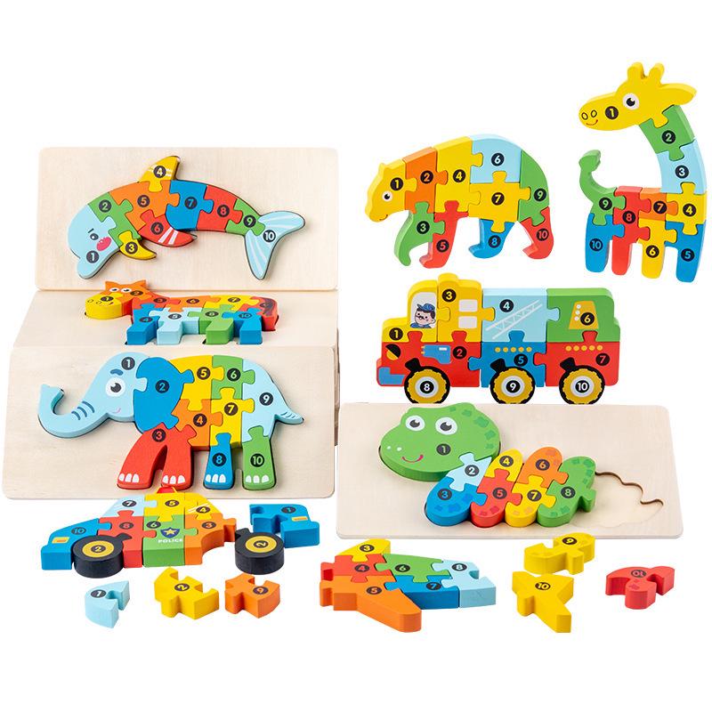 3D Wooden Buckle Puzzle: Educational Toy for Early Learning - Numbers, Transportation, and Animal Blocks