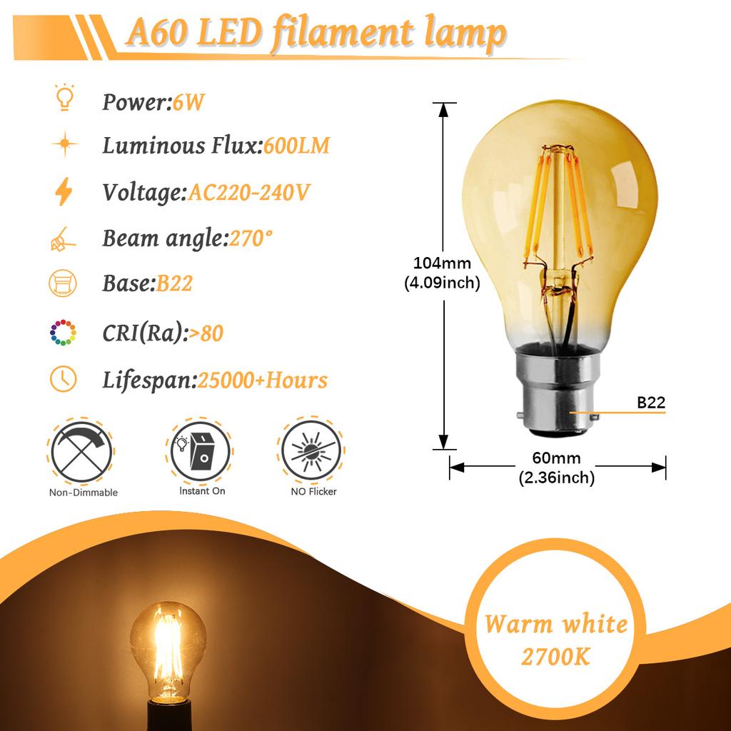 6PCS LED Filament Light Bulb Retro Edison E27 E14 B22 4000K 2700K 220V A60 G45 C37 Vintage Ampoule Incandescent Bulb Edison Lamp