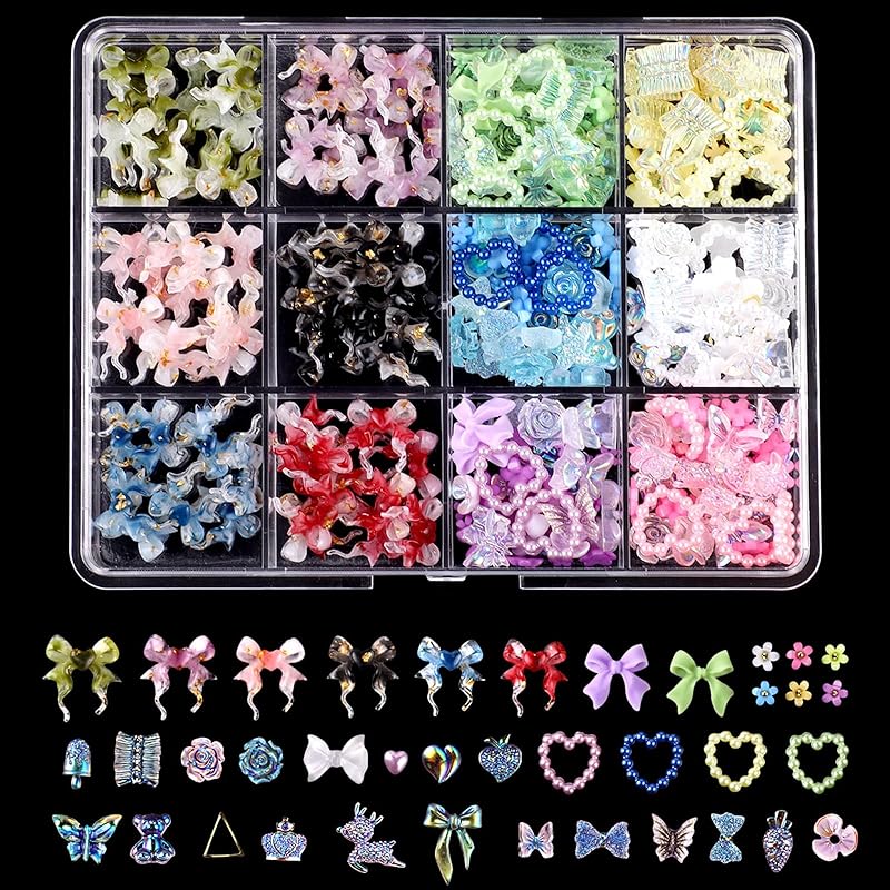 1000 Pcs 3D Nail Charms and Flatback Pearls Set 12-7 Colors Nail Bows, Flower Heart Jewels, AB Round Rhinestones, White Pearls for Nail Art DIY D13