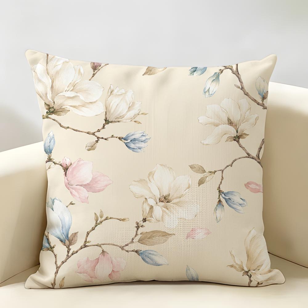 Soft Watercolor Flower Branches Cushion Cover Durable Hypoallergenic Organic Linen Short Pillow Cover Washable