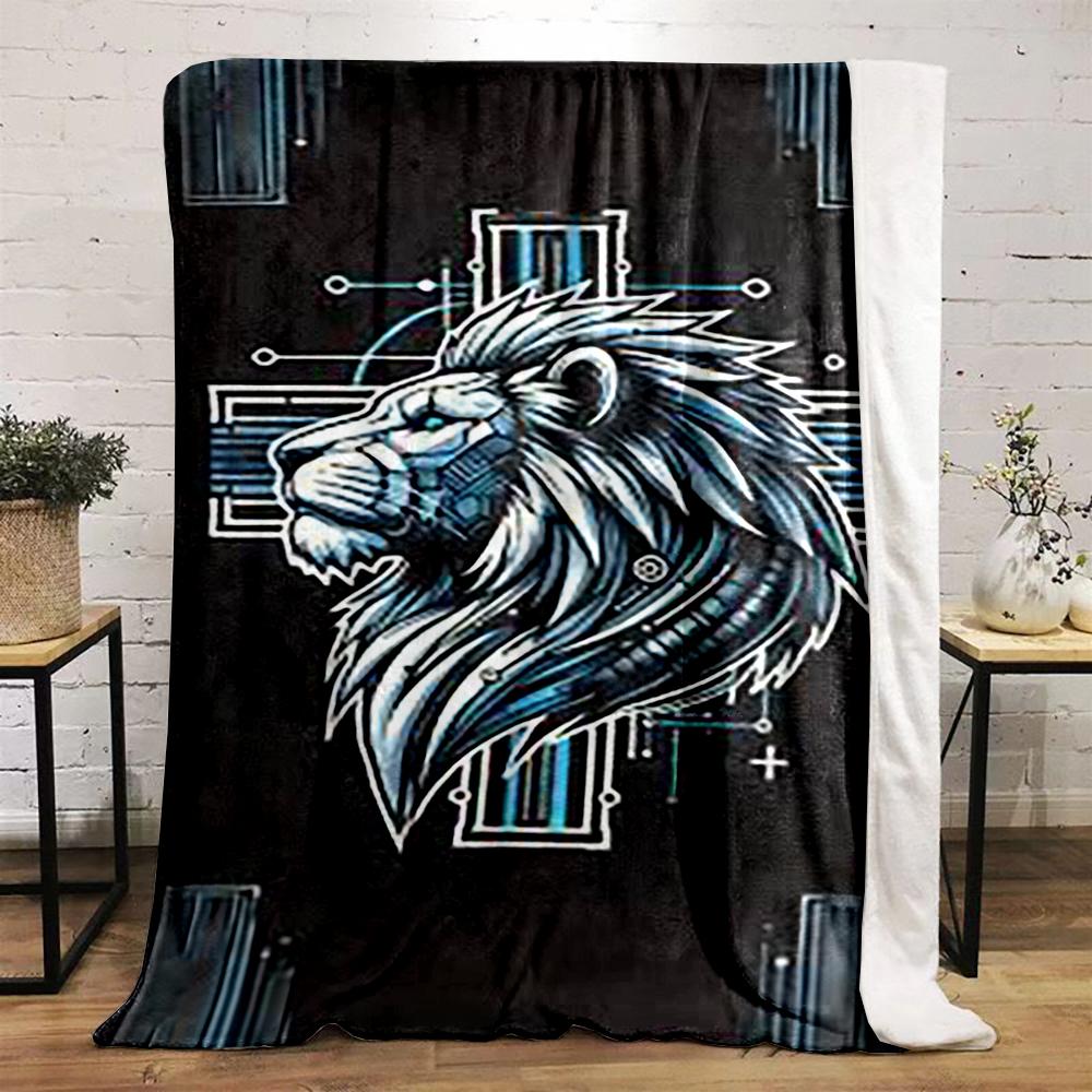 Futuristic Lion Illustration with Geometric Design Flannel blanket for bedroom, living room, sofa, and nap.