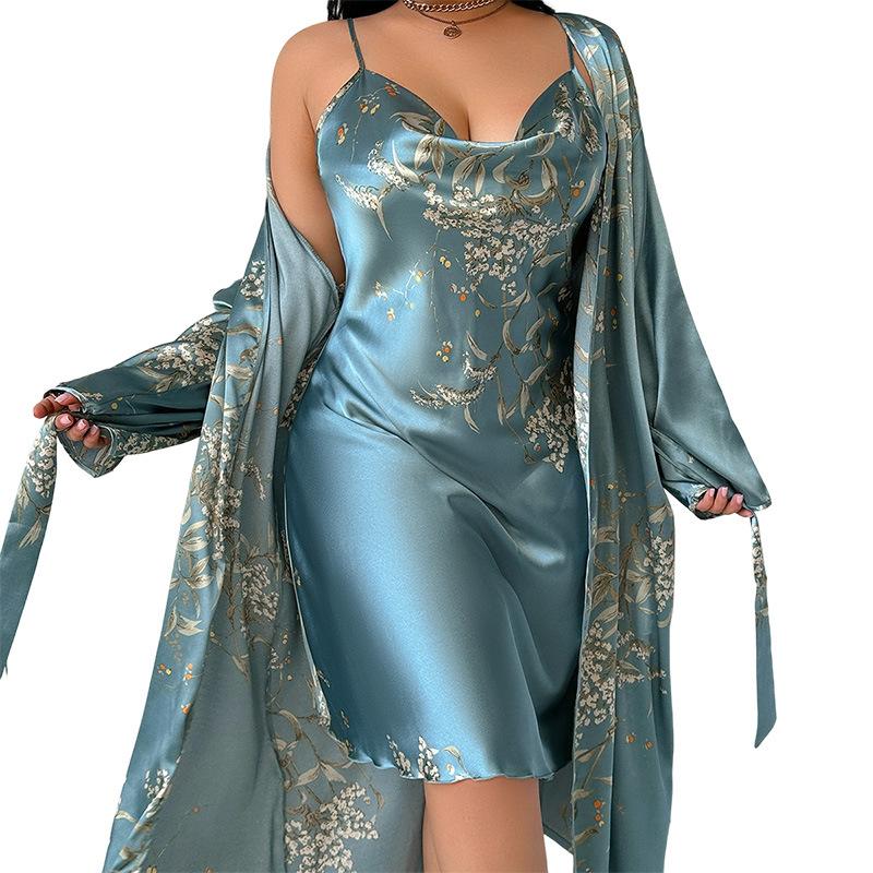 Printed Pajamas Women's Loungewear Set Household Long Lace-up Nightgown Bathrobe Comfortable Sleep Nightgown Wholesale