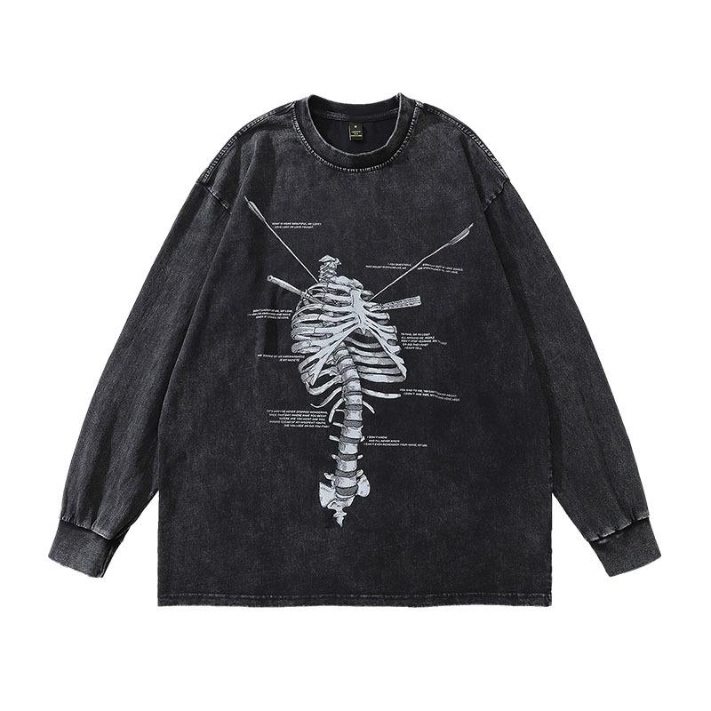 European And American High Street Spoof Print Vintage Hip Hop Retro Wind Wash Water Round Neck Long Sleeve Bottoming T-Shirt Men And Women