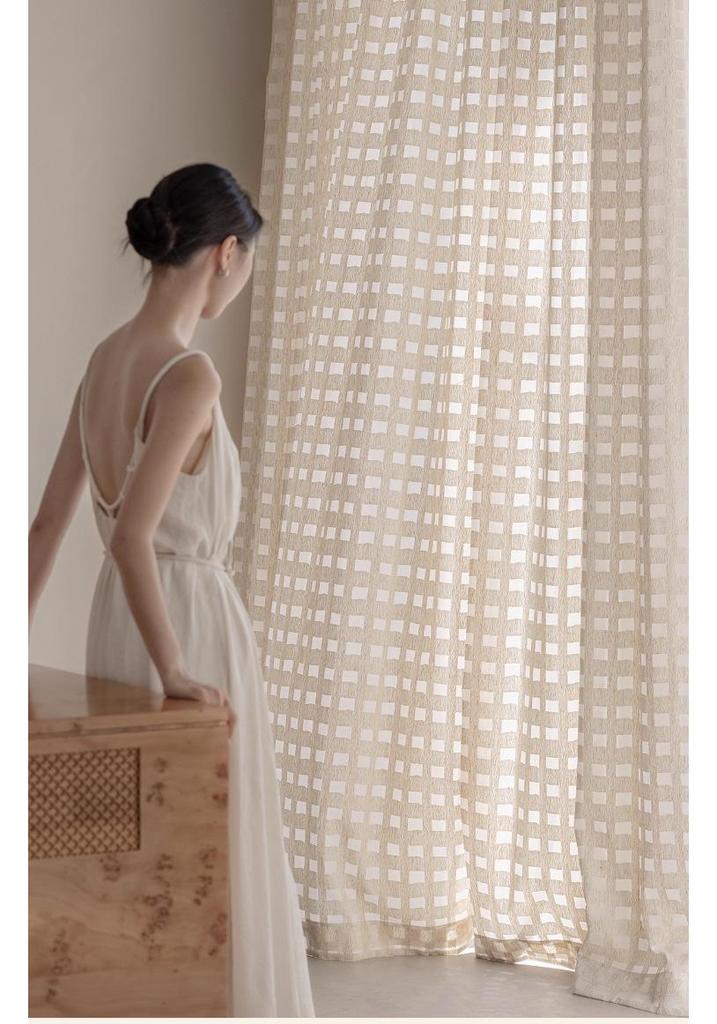 Vintage Plaid Sheer Linen Curtains for Living Room & Bedroom - Light-Permeable, High-End Feel, New Style for Balcony Windows