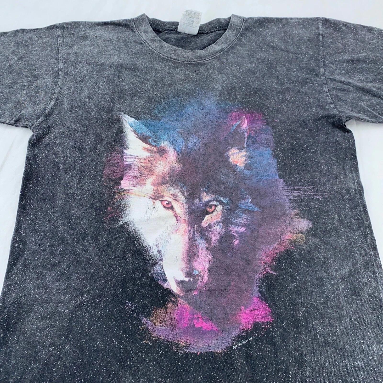 

винтаж 90-х ВОЛК НЕОНОВОЕ ЛИЦО ACID WASH Футболка S/M животное природа дикая природа 2XL