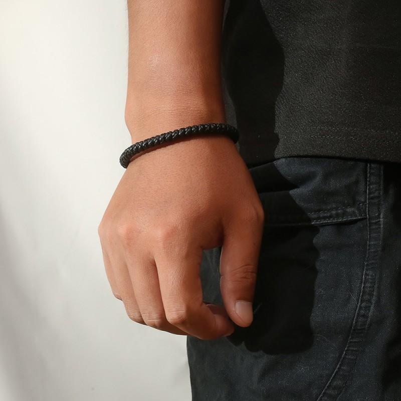 Titanium Steel Braided Leather Rope Bracelet Men Magnetic Clasp Minimalist Geometric Design Adjustable 21cm