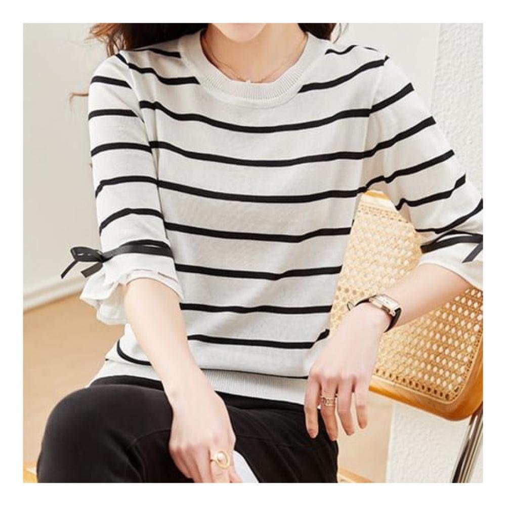 Navava Casual Stripe Ribbon Sleeve 5 Part Knit Nk2109