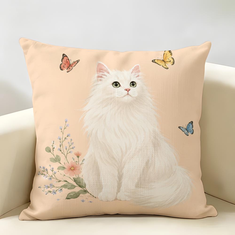 Cat Is Leisure Life Square Cushion Cover Durable Hypoallergenic Organic Linen Pillow Cover Short Size Washable Skin-Friendly