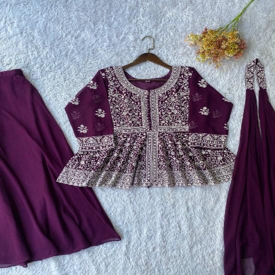 Elegant Wine Purple Georgette Sharara Set with Heavy Chikankari Embroidery M
