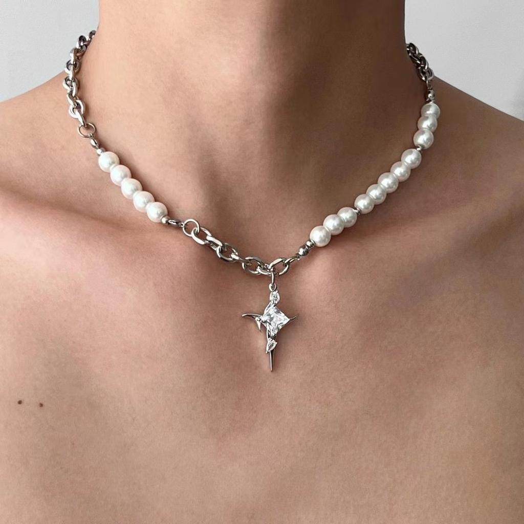 Hip-hop Punk Shiny Zircon Starlight Stainless Steel Cross Pendant Imitation Pearl Beaded Splicing Necklace for Women Men Jewelry