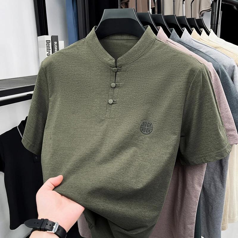 Men s Mandarin Collar Short Sleeve T-Shirt Casual Chinese Style Button Henley Shirt M оливковое зеленый