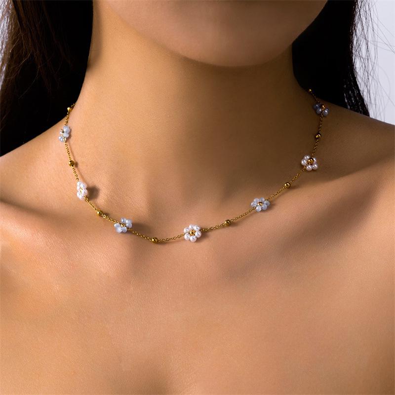 Cross-border Titanium Steel Daisy Pearl Jewelry Set: Bracelet, Necklace, Anklet