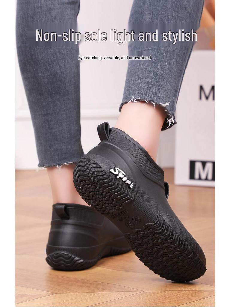 Women's Waterproof Non-Slip Short Rain Boots - Thick-Soled, Dirt-Resistant, Low-Cut, Soft-Sole Rubber Shoes for Kitchen and Outdoor Use.