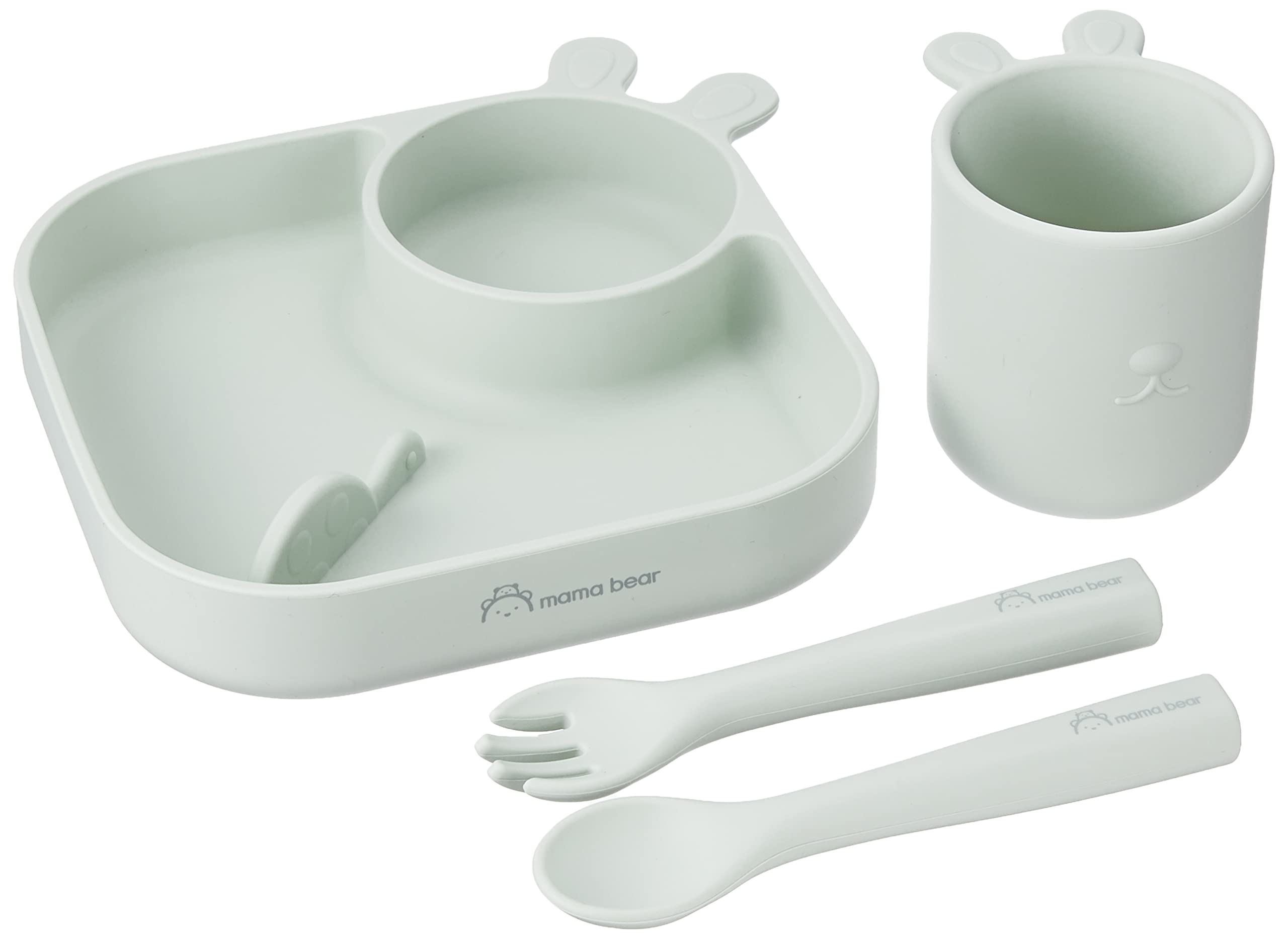 

[Amazon Brand] Mama Bear 4-Piece Silicone Dinnerware Set (Plates, Cups, Spoons, and Forks) Green
