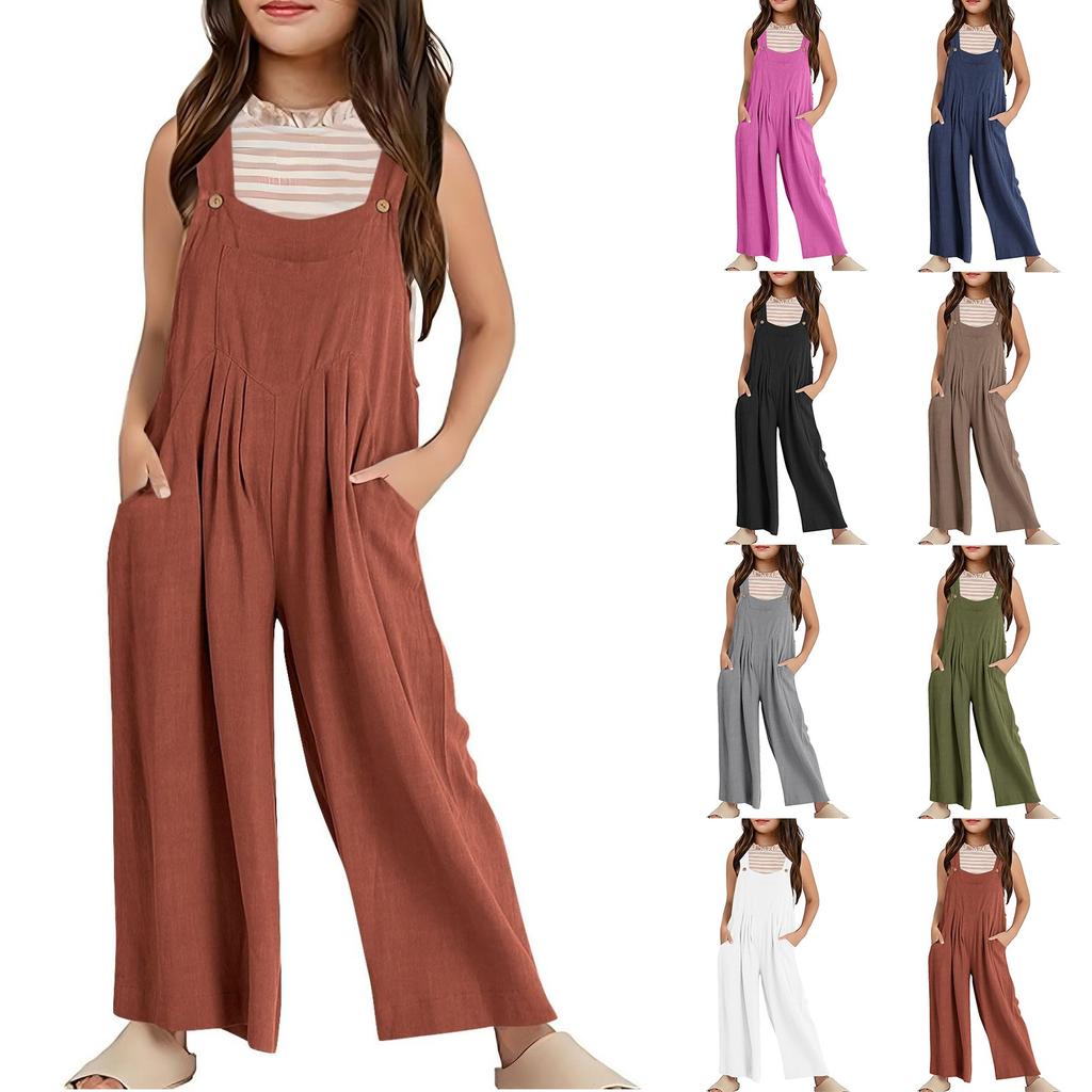 Summer Kids Solid Color Casual Strap Romper Pocket Girls Loose Romper