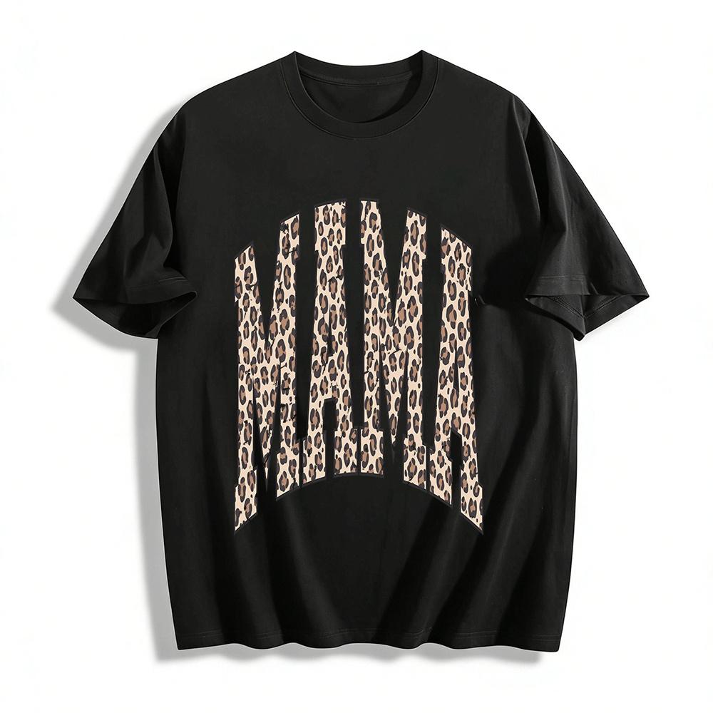 

Leopard Print MAMA Letter Casual Tee Vintage Loose Comfort Top Pure cotton T-shirt XXS
