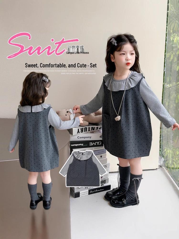 2025 New Fashionable Woolen Long Sleeve Two-Piece Autumn Dress Set for Baby Girls