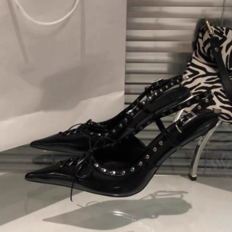 Fashion Studded Stiletto Sandals Fall New Pointed Toe Shallow Mouth Strappy Front One Buckle Non-Slip Wear-Resistant High Heels